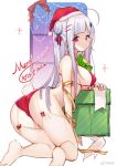  1girl arched_back ass azur_lane bikini breasts bunny_tail christmas cygnet_(azur_lane) eyebrows_visible_through_hair from_side garter_straps hat hecha_(swy1996228) highres kneeling large_breasts looking_at_viewer merry_christmas pink_eyes red_bikini santa_hat sideboob sidelocks silver_hair smile solo swimsuit tail thighhighs weibo_username white_legwear 