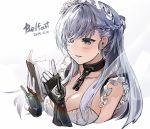  1girl azur_lane bangs bare_shoulders belfast_(azur_lane) blue_eyes blush braid breasts chain character_name cleavage collar collarbone commentary_request dated elbow_gloves eyebrows_visible_through_hair french_braid gauntlets gloves holding_notebook large_breasts long_hair maid maid_headdress open_mouth revision side_braid sidelocks silver_hair simple_background smile snowru solo white_background white_gloves 