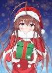  1girl ahoge baum blush box brown_eyes brown_hair christmas christmas_present eyebrows_visible_through_hair gift gift_box hat holding holding_gift incoming_gift kantai_collection kuma_(kantai_collection) long_hair looking_at_viewer merry_christmas red_ribbon ribbon santa_costume santa_hat smile solo 