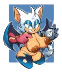  angry anthro big_breasts bionic_arm blue_background breasts chiropteran clothing gloves handwear hi_res kingraam legwear looking_at_viewer mammal navel nude pussy rouge_the_bat sharp_teeth simple_background sonic_the_hedgehog_(series) stockings teeth torn_clothing 