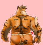  2019 anthro asian_clothing butt clothing east_asian_clothing felid fundoshi hi_res humanoid_hands japanese_clothing kamui_shirow male mammal pantherine pink_background pink_nose simple_background slightly_chubby solo tiger underwear 