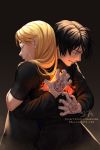  1boy 1girl artist_name bangs belt black_background black_belt black_coat black_hair black_pants black_shirt blonde_hair burning closed_eyes closed_mouth crying earrings fire fullmetal_alchemist gloves highres hug insertsomthinawesome jewelry long_hair long_sleeves pants riza_hawkeye roy_mustang shirt short_hair short_sleeves signature simple_background smile standing white_gloves 
