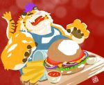  2019 anthro burger felid food hi_res kamui_shirow male mammal overweight overweight_male pantherine pink_nose solo tiger 