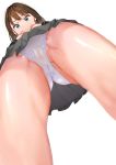  1girl brown_hair earrings from_below highres idolmaster idolmaster_cinderella_girls jewelry long_hair looking_at_viewer panties pantyshot school_uniform shibuya_rin sikijou77o skirt solo thighs underwear white_panties 