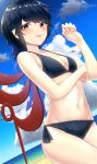  1girl :d ahoge asymmetrical_wings bangs bare_arms bare_shoulders beach bikini black_bikini black_hair blue_sky blue_wings blush breasts cloud commentary_request cowboy_shot day dutch_angle groin hand_up highres houjuu_nue kisamu_(ksmz) looking_at_viewer medium_breasts navel ocean open_mouth outdoors pointy_ears red_eyes red_wings short_hair side-tie_bikini sky smile solo standing stomach swimsuit thighs touhou wet wings 