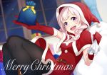  1girl bangs black_legwear blurry blurry_background bon_(bonbon315) breasts christmas commentary_request gift gloves hat holding holding_gift holding_sack indoors medium_breasts merry_christmas open_mouth original pantyhose purple_eyes red_gloves red_headwear sack santa_hat smile solo white_hair 