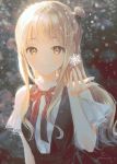  1girl blonde_hair blurry bow depth_of_field gomzi hair_ornament hairclip hand_up long_hair looking_at_viewer original signature smile snowflakes solo yellow_eyes 
