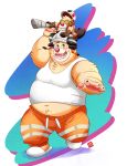  2019 absurd_res anthro armor beaver belly blush bodily_fluids bottomwear breeze_in_the_clouds clothing duo headgear helmet hi_res humanoid_hands kamui_shirow male mammal navel overweight overweight_male pants rodent shirt sweat topwear ursid 