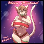  1:1 big_breasts blush breasts christmas domestic_cat felid feline felis female hi_res holidays mammal navel nipple_outline ran_(psychodog) ribbons solo thepsychodog 