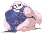  4:3 anthro belly big_belly big_breasts biped blue_eyes blush breasts cleavage clothed clothing colored digital_media_(artwork) female fur hand_on_hip hi_res huge_breasts kneeling lagomorph leporid mammal obese obese_female open_mouth overweight overweight_female pink_body pink_fur plantigrade rabbit sappanwood simple_background solo thick_thighs wet white_background wide_hips yosioka_san 