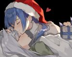  2girls aogisa blanket blue_hair christmas christmas_gift closed_eyes dp-12_(girls_frontline) forehead_kiss girls_frontline hat kiss ksvk_(girls_frontline) mother_and_daughter multiple_girls santa_hat silver_hair sleeping 