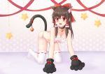  1girl :d a6108200 absurdres all_fours animal_ear_fluff animal_ears ass bangs bare_arms bare_shoulders bell bell_choker black_choker black_gloves black_hair blush bow bra breasts cat_cutout cat_ears cat_lingerie cat_tail choker cleavage cleavage_cutout commentary_request eyebrows_visible_through_hair fang gloves hair_between_eyes hair_bow hair_tubes hakurei_reimu highres jingle_bell kemonomimi_mode long_hair looking_at_viewer medium_breasts meme_attire no_shoes open_mouth panties partial_commentary paw_gloves paws red_bow red_eyes red_ribbon ribbon side-tie_panties sidelocks skin_fang smile solo star tail thighhighs thighs touhou underwear white_bra white_legwear 