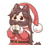  1girl animal_ear_fluff animal_ears beard belt belt_buckle brown_eyes brown_hair buckle capelet clenched_hands commentary eyebrows_visible_through_hair facial_hair fake_facial_hair fur_trim hat imaizumi_kagerou jacket long_hair long_sleeves pom_pom_(clothes) poronegi santa_costume santa_hat simple_background solo tail touhou upper_body white_background wide-eyed wolf_ears wolf_tail 