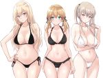  3girls aqua_eyes bad_anatomy bad_arm bad_proportions bikini bismarck_(kantai_collection) black_bikini blonde_hair blue_eyes breasts collarbone eyebrows_visible_through_hair graf_zeppelin_(kantai_collection) hair_between_eyes highres kantai_collection large_breasts long_hair low_twintails multiple_girls navel prinz_eugen_(kantai_collection) purple_eyes sidelocks simple_background smile swimsuit twintails u0709 white_background white_bikini 