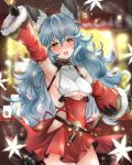  1girl :d animal_ears arm_up armpits bell black_gloves blue_hair blush breasts christmas cowboy_shot curly_hair detached_sleeves dress erune ferry_(granblue_fantasy) fur-trimmed_sleeves fur_trim gloves granblue_fantasy hair_between_eyes holding_bell holding_whip jewelry long_hair looking_at_viewer medium_breasts nakonbu open_mouth outdoors red_dress sideless_outfit single_earring smile solo underboob underboob_cutout upper_teeth very_long_hair yellow_eyes 