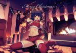  1girl aka--chi alternate_costume belt box christmas_tree commission fire_emblem fire_emblem:_the_sacred_stones fireplace fur_trim gift gift_box long_sleeves merry_christmas midriff multi-tied_hair myrrh_(fire_emblem) navel open_mouth purple_hair red_eyes red_legwear sitting solo thighhighs twintails 