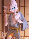  2016 5_fingers anthro asian_clothing biped blue_eyes blue_sclera blush boxers_(clothing) bulge clothing condom domestic_cat east_asian_clothing felid feline felis fingers fur grey_body grey_fur grey_stripes hi_res holding_condom holding_object inviting japanese_clothing kneeling looking_at_viewer male mammal manadezimon multicolored_body multicolored_fur pink_nose robe solo striped_body striped_fur stripes tongue tongue_out underwear undressing white_body white_fur wrapped_condom young yukata 