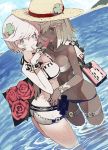  2girls arm_over_shoulder ass beach blonde_hair blush buckle clover collarbone dark_skin eating elphelt_valentine eyebrows_visible_through_hair flower food four-leaf_clover guilty_gear gun hat highres holding holding_gun holding_weapon medium_hair multiple_girls outdoors partially_submerged popsicle ramlethal_valentine red_flower rose short_hair sun_hat tefec watermelon_bar weapon wet white_hair 