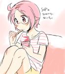  1girl ahoge bangs_pinned_back bean_bag_chair blush closed_mouth collarbone commentary_request eating eyebrows_visible_through_hair food hair_ornament hairpin ice_cream knees_up nonohara_yuzuko pink_eyes pink_hair shirt short_hair short_sleeves shorts simple_background sitting solo striped striped_shirt tatsunokosso translation_request yellow_shorts yuyushiki 