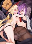  1girl abigail_williams_(fate/grand_order) aki_(akikaze_asparagus) arms_up ass bangs bare_shoulders black_bow black_headwear black_panties blonde_hair blush bow breast_press breasts brown_legwear fate/grand_order fate_(series) forehead grey_jacket hair_over_one_eye hat highres jacket keyhole large_breasts long_hair long_sleeves looking_at_viewer mash_kyrielight multiple_bows navel necktie open_clothes open_jacket open_mouth orange_bow panties panties_under_pantyhose pantyhose parted_bangs polka_dot polka_dot_bow purple_eyes purple_hair red_eyes red_neckwear restrained short_hair small_breasts smile solo tentacles thighs third_eye underwear white_panties witch_hat yuri 