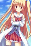  1girl black_legwear blue_sky blush bow crossed_arms day hair_ribbon irotoridori_no_sekai korokoro_cat nikaidou_shinku red_bow red_eyes red_ribbon red_skirt ribbon skirt sky solo twintails white_coat 