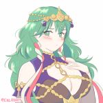  1girl blush braid breasts byleth_(fire_emblem) byleth_(fire_emblem)_(female) cleavage closed_mouth cosplay enlay fire_emblem fire_emblem:_three_houses green_eyes green_hair hair_ornament highres large_breasts simple_background solo sothis_(fire_emblem) sothis_(fire_emblem)_(cosplay) tiara twin_braids twitter_username upper_body white_background 