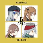  404_(girls_frontline) 404_logo_(girls_frontline) 4girls album_cover beret brown_eyes brown_hair cover english_text g11_(girls_frontline) girls_frontline gorillaz green_eyes hat hk416_(girls_frontline) multiple_girls parody silver_hair snafu ump45_(girls_frontline) ump9_(girls_frontline) 