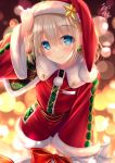  1girl arm_up bangs blue_eyes blurry blurry_background blush bow braid christmas closed_mouth commentary_request depth_of_field earrings eyebrows_visible_through_hair fur-trimmed_hat fur-trimmed_sleeves fur_trim grey_hair hair_between_eyes hair_ornament hand_on_headwear hat idolmaster idolmaster_shiny_colors jewelry long_hair long_sleeves looking_at_viewer red_bow red_headwear red_shirt red_shorts sack santa_hat serizawa_asahi shirt short_shorts shorts signature smile solo star wide_sleeves yunagi_amane 