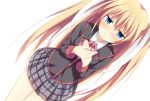  1girl blue_eyes blush dutch_angle hair_ribbon hands_up korokoro_cat little_busters! long_hair long_sleeves looking_at_viewer plaid plaid_skirt ribbon school_uniform simple_background skirt solo tokido_saya twintails white_background white_ribbon 