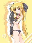 1girl absurdres ass back bangs bardiche bikini black_bikini black_ribbon choker closed_mouth commentary eyebrows_visible_through_hair fate_testarossa from_side hair_ribbon heart highres holding_toy inflatable_toy jewelry kuroi_mimei long_hair looking_at_viewer looking_back lyrical_nanoha mahou_shoujo_lyrical_nanoha necklace red_choker red_eyes ribbon shadow silhouette smile solo standing strapless strapless_bikini swimsuit twintails yellow_background 