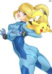  1girl absurdres artist_name ass bangs blonde_hair blue_bodysuit blue_eyes bodysuit breasts commentary_request deekei eyebrows_visible_through_hair gen_1_pokemon hands_up highres medium_breasts metroid mole mole_under_mouth open_mouth pikachu pokemon pokemon_(creature) ponytail samus_aran shiny shiny_clothes shiny_hair signature simple_background skin_tight solo super_smash_bros. tied_hair white_background zero_suit 