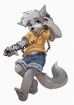  4_fingers 4_toes alex_(harmarist) anthro blue_bottomwear blue_clothing bottomwear canid canine canis clothed clothing cub fingers full-length_portrait fully_clothed fur grey_body grey_fur grey_tail harmarist looking_at_viewer mammal portrait shirt simple_background soles solo toes topwear white_background wolf young 