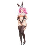  1girl animal_ears black_legwear blush breasts bunny_ears bunny_girl carolina_(last_origin) cleavage full_body high_heels highres huge_breasts kakiman last_origin looking_at_viewer navel official_art open_mouth pink_eyes pink_hair smile solo suspenders tachi-e thighhighs transparent_background twintails underboob 
