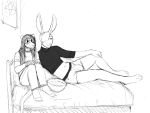  2019 anthro bed black_and_white bulge clothed clothing didelphid duo eyewear furniture glasses hair hair_over_eye hi_res hladilnik lagomorph leporid long_hair male mammal marsupial monochrome navel on_bed one_eye_obstructed penis_outline rabbit simple_background sketch white_background 