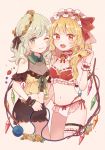  2girls :d ;) adapted_costume bangs bare_shoulders beige_background black_bloomers black_ribbon blonde_hair bloomers blush bow bra breasts cleavage collar commentary_request cowboy_shot cropped_legs crystal fang flandre_scarlet flower frilled_collar frilled_hairband frills green_eyes green_hair hair_bow hair_ribbon hairband head_wreath komeiji_koishi leg_garter lolita_hairband long_hair looking_at_viewer medium_breasts mozukuzu_(manukedori) multiple_girls navel no_hat no_headwear one_eye_closed one_side_up open_mouth panties red_bow red_bra red_eyes ribbon rose shoulder_cutout smile standing stomach thigh_strap thighs third_eye touhou underwear white_panties wings wrist_cuffs yellow_flower yellow_rose 