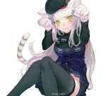  1girl :3 :i animal_ears bangs beret black_headwear black_legwear blush breasts cat_ears cat_girl cat_tail clothes_writing convenient_leg embarrassed feet_out_of_frame girls_frontline gloves green_eyes hair_ornament hat hk416_(girls_frontline) knees_together_feet_apart knees_up long_hair long_sleeves looking_at_viewer miniskirt mochacot no_panties paw_pose plaid plaid_skirt pleated_skirt sitting skirt solo symbol_commentary tail tears thighhighs very_long_hair white_background white_gloves white_hair 