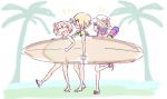  3girls ahoge bangs beach blonde_hair blush carrying closed_eyes commentary_request eyebrows_visible_through_hair flower green_shirt hat hinata_yukari ichii_yui long_hair multiple_girls nonohara_yuzuko open_mouth palm_tree pink_hair pink_scrunchie purple_hair sandals scrunchie shirt short_hair simple_background smile sun_hat surfboard tatsunokosso tree twintails walking yuyushiki 