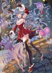  1girl :d absurdres animal_ears arm_up armpits bare_shoulders beard bell belt black_gloves black_legwear blue_hair blush breasts bunny curly_hair detached_sleeves dress erune facial_hair ferry_(granblue_fantasy) full_body fur-trimmed_footwear fur-trimmed_sleeves fur_trim ghost gloves granblue_fantasy hair_between_eyes hat heart-shaped_gem high_heels highres holding_whip house jewelry lantern legendpoon long_hair medium_breasts night open_mouth outdoors pleated_dress red_dress red_footwear ruby_(gemstone) santa_hat sapphire_(gemstone) sideless_outfit single_earring smile snow snowing solo sparkle star thighhighs underboob underboob_cutout upper_teeth very_long_hair walking wide_sleeves wolf yellow_eyes 