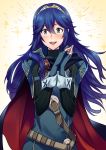  1girl ameno_(a_meno0) belt black_sweater blue_cape blue_eyes blue_gloves blue_hair blush breastplate buckle cape commentary_request eyebrows_visible_through_hair fingerless_gloves fire_emblem fire_emblem_awakening floating_hair gloves hair_between_eyes hair_ornament lips long_hair looking_at_viewer lucina_(fire_emblem) multicolored multicolored_cape multicolored_clothes open_mouth red_cape ribbed_sweater shoulder_armor simple_background smile solo sweater teeth tiara turtleneck turtleneck_sweater 