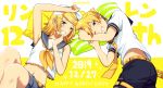  2019 bangs bare_shoulders black_collar black_shorts blonde_hair blue_eyes blush bow character_name collar commentary crop_top dated grin hair_bow hair_ornament hairclip hand_on_own_chin hand_on_own_head hand_up happy_birthday kagamine_len kagamine_rin knees_up looking_at_viewer lying midriff nail_polish navel neckerchief necktie nokuhashi on_back on_side one_eye_closed pillow sailor_collar school_uniform shirt short_hair short_ponytail short_shorts short_sleeves shorts shoulder_tattoo sleeveless smile spiked_hair swept_bangs tattoo upper_body vocaloid white_bow white_shirt yellow_nails yellow_neckwear 