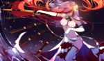 1girl alternate_costume artist_name bikini_top bow breasts bridal_gauntlets bridal_veil cleavage closed_eyes commentary_request fate/grand_order fate_(series) garter_straps hair_over_one_eye holding holding_sword holding_weapon lace large_breasts long_hair marchab_66 navel oda_nobunaga_(fate)_(all) oda_nobunaga_(maou_avenger)_(fate) oda_uri panties shiny shiny_skin sidelocks solo standing sword thighhighs underwear veil weapon white_legwear 