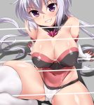  1girl ahoge blush breasts covered_navel covered_nipples highres impossible_clothes large_breasts lavender_hair leotard long_hair looking_at_viewer low_twintails purple_eyes red_leotard senki_zesshou_symphogear shiny shiny_clothes shiny_hair shiny_skin sitting skin_tight smile solo teeth twintails yoshi_tama yukine_chris 