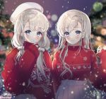  2girls artist_name bangs beret blue_eyes blurry blush bokeh bow bow_earrings braid chii_(nyaong9) christmas commentary_request depth_of_field expressionless grey_hair hat hisakawa_hayate hisakawa_nagi idolmaster idolmaster_cinderella_girls idolmaster_cinderella_girls_starlight_stage long_hair long_sleeves looking_at_viewer multiple_girls night outdoors plaid plaid_bow pleated_skirt pom_pom_(clothes) print_sweater red_bow red_sweater reindeer_print siblings side_braid sisters skirt sleeves_past_wrists smile snowflake_print snowing sparkle sweater twins upper_body white_headwear white_skirt 