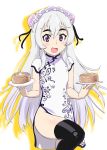  1girl black_legwear blush breasts chaika_trabant china_dress chinese_clothes commentary_request dress eyebrows food hair_ornament hairband highres hitsugi_no_chaika long_hair looking_at_viewer open_mouth purple_eyes silver_hair smile solo thighhighs thighs ueyama_michirou white_hair 