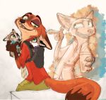  2018 ambiguous_gender anthro bottomwear canid canine carrying clothed clothing cub dipstick_tail disney fan_character fox fully_clothed fur green_eyes group hi_res holding_cup holding_object inner_ear_fluff mammal multicolored_tail necktie nick_wilde orange_body orange_fur pants red_fox shirt simple_background topwear tuft xx-junglebeatz-xx young zootopia 