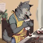  1:1 anthro apron beastars bodily_fluids canid canine canis clothed clothing comic fridge fully_clothed fur grey_body grey_fur inner_ear_fluff inside kitchen legoshi_(beastars) mammal neck_tuft plant potted_plant solo sweat sweatdrop tongue tongue_out tuft vuulkus wolf 