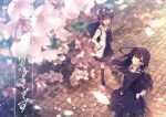  2girls cherry_blossoms flowers long_hair original school_uniform short_hair shouna_mitsuishi skirt 