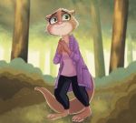  alternate_version_at_source anthro barefoot bottomwear brown_body brown_fur clothed clothing disney forest front_view fully_clothed fur grass green_eyes jacket krayboost lutrine mammal mrs._otterton mustelid pants pink_nose shirt solo standing topwear tree whiskers zootopia 