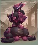  &lt;3 2019 alien armor bent_legs beverage big_butt butt christmas clothing cup female grey_body grey_skin halo_(series) hi_res holding_object holidays hot_chocolate humanoid looking_back microsoft outside presenting presenting_hindquarters rear_view rube sangheili sitting solo steam thick_thighs torn_clothing video_games xbox_game_studios 