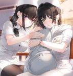  1boy 2girls age_difference ass bangs bed black_hair black_legwear blurry blurry_background blush braid breasts brown_hair child commentary_request dress eyebrows_visible_through_hair green_eyes hair_behind_ear hair_intakes hat highres hug id_card indoors kfr large_breasts multiple_girls nurse nurse_cap on_bed original pantyhose ponytail purple_eyes scrunchie short_dress short_sleeves side_braid sitting sitting_on_bed sitting_on_lap sitting_on_person smile wall watch white_dress white_headwear white_legwear white_scrunchie wristwatch 